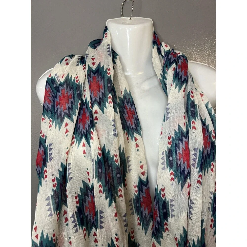 Aztec Southwestern Scarf Womens One Size Red Teal Geometric Lightweight Shawl